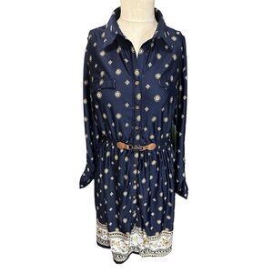 Always Indigo Womens Tunic Dress Button Up Elastic Waist Belted New XL petite ￼